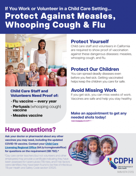 Flyer promoting protecting those working or volunteering in a child care setting to protect themselves against measles, whooping cough, and flu through vaccinations.
